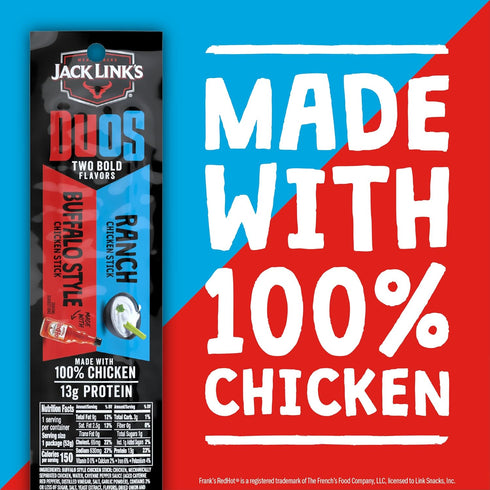 13g 100% Package, 1.84oz (10 Pack 2 Jack Link's DUOs Chicken Jerky Meat Snack Sticks with Protein - Frank's RedHot