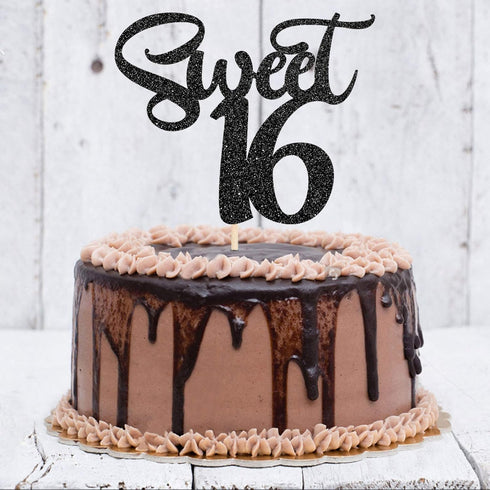Black Glitter Sweet 16 Cake Topper, Happy 16th Birthday Decor, Cheers to 16 Years, 16th Wedding Anniversary Supplies