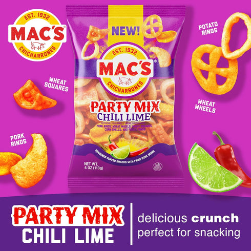 4oz (9-Pack Mac's Chili Lime Pork Skins Party Mix - Chili Lime Flavored Chicharrones Pork Rinds - Party Mix)