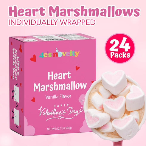 4E's (24 Packs) Novelty Heart Marshmallows Pink & White Valentine Marshmallows Mini Individually Wrapped for Hot