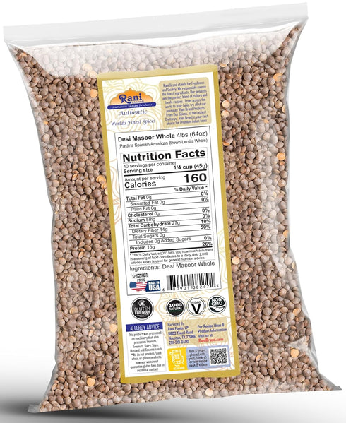 64oz (4lbs) 1.81kg Rani Desi Masoor (Masur) Whole (aka. Pardina Spanish/American Brown Lentils Whole) Bulk ~ All
