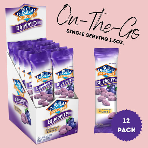(1.5 Oz. Pack 12) Blue Diamond Almonds, Blueberry Flavored Snack Nuts, Single Serve Bags Tubes