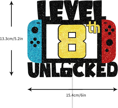 8 LEVEL UNLOCKED Birthday Cake Topper, 8th Happy Birthday Gamepad Cake Topper, Video Game Party Decorations