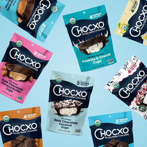 85% 3.45 oz (Pack 6) Chocxo Dark Chocolate Peppermint Cups - Lower Sugar Christmas Candy, Organic Cacao, NonGMO, Keto