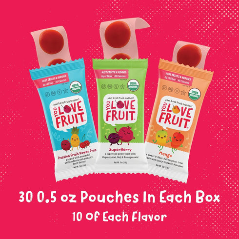 Pack 30 count, 100% YOU LOVE FRUIT - Fruit Snacks Variety Natural Gluten-Free, Vegan, Low Carb, Low Fat Fruit Kosher