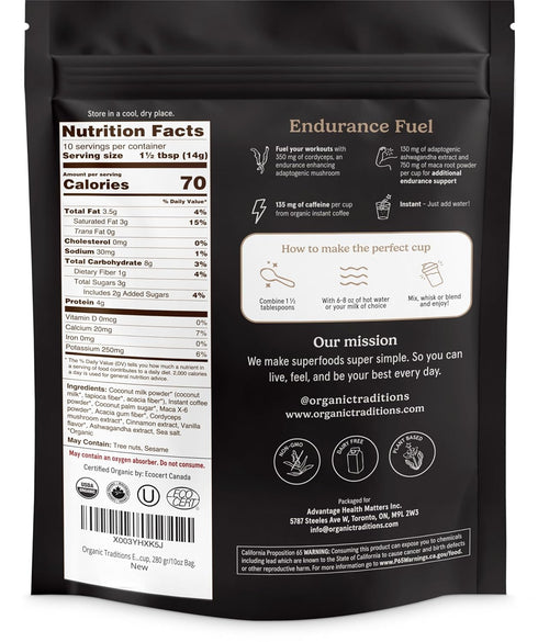 10 280g 10oz Organic Traditions Endurance Fuel Mushroom Coffee, Instant Coffee with Cordyceps, Ashwagandha and Maca