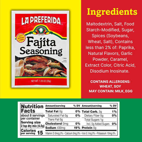 1.25oz (Pack 12) La Preferida Fajita Seasoning Mix (Bold Tex-Mex Spice Blend) for Chicken, Veggies & Steak No MSG, No