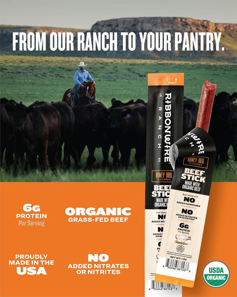 1 Oz 20 Pack Ribbonwire Ranch Beef Sticks, Made with Organic Beef, Pasture Raised, High Protein Snack, Healthy, Low