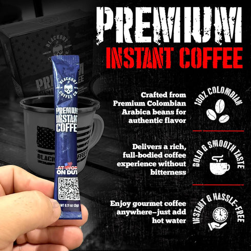 Packets 32 Count. Blackout Coffee Colombian Arabica Instant Coffee Medium Roast, Strong Aromatic, Single Serve Premium