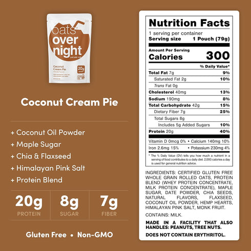 20g (2.8 oz (8 Pack) Oats Overnight Coconut Cream Pie - Overnight Oats with Whey Protein, High Fiber Breakfast Protein