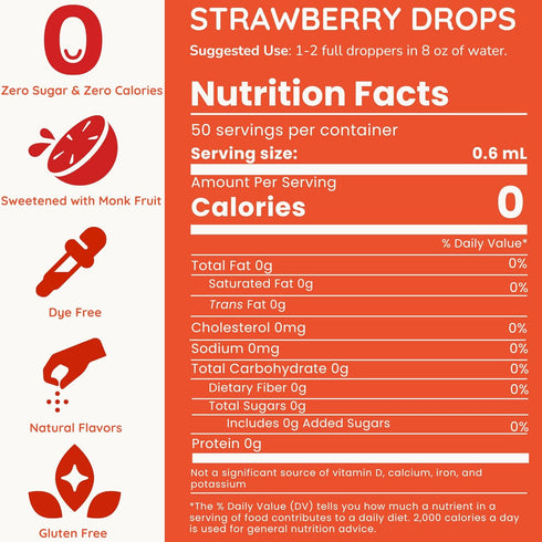 50 Allways Drops Natural Strawberry Water Enhancer | Sugar-Free, Zero Calories, Monk Fruit Sweetened | Glass Bottle