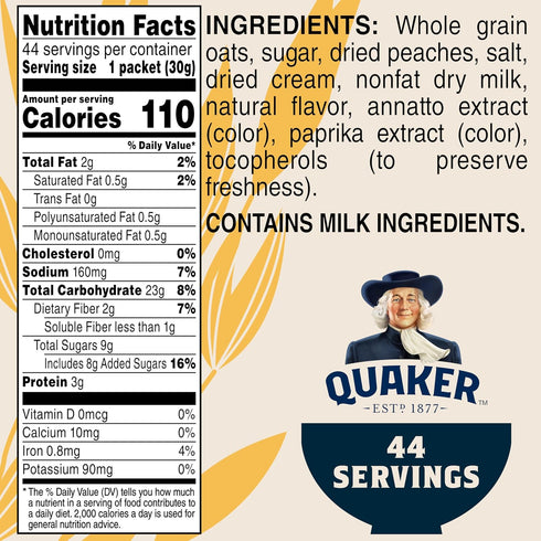 1.05oz, 44 Counts (Pack 1) Quaker Instant Oatmeal, Peaches & Cream