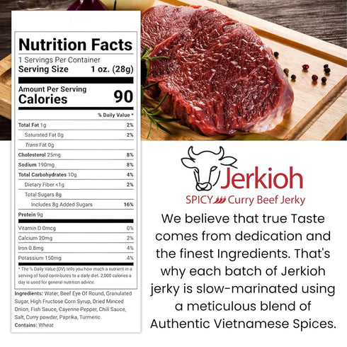 Pack, 1 oz Jerkioh Spicy Curry Premium Beef Jerky Authentic Vietnamese Street Food Flavor with Chili Heat | Gourmet