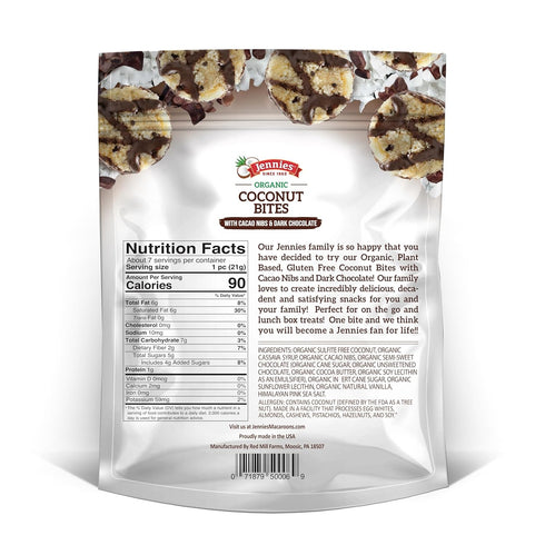 5.25oz Jennies Organic Coconut Bites with Cacao Nibs and Dark Chocolate, | Gluten Free | Peanut Free | Dairy Free | Non