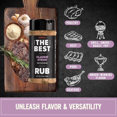 13.4 oz Kosmos Q The Best Classic Steak Seasoning Rub, Garlic Pepper & Paprika BBQ Meat Dry Rub for Prime Rib, Pork