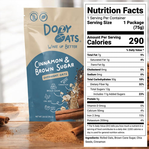 Dozy Packets, Multipack 12-Pack Oats Overnight Oatmeal Cinnamon and Brown Sugar with Rolled Oats and Chia Seeds.