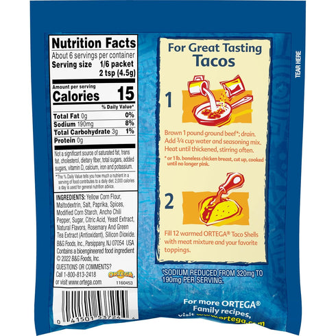 Ortega Seasoning Mix, 40% Less Sodium Taco Seasoning, 1 Ounce (Pack of 12)