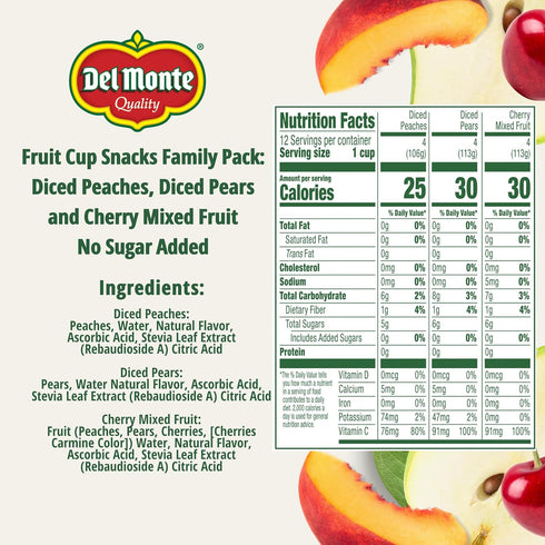 Pack 4 oz (12 Pack) Del Monte Fruit Cup Snacks Variety with No Added Sugar, Cups Diced Peaches, Diced Pears, Cherry