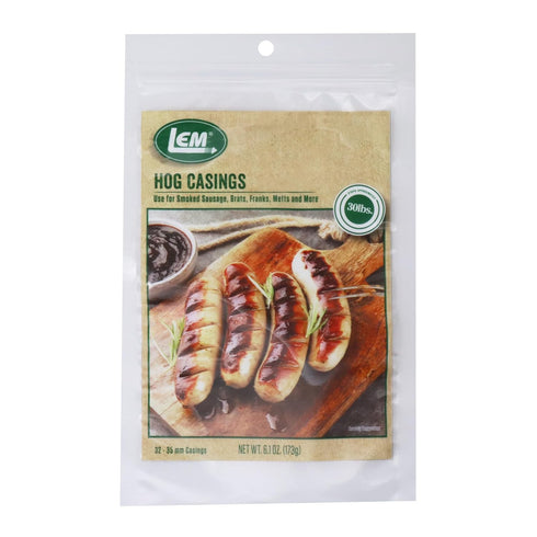 LEM Products Pre-Tubed Natural Hog Casings, 32-35mm, Edible Sausage Casings, 9.6 Ounce Package, Stuffs Approximately 50