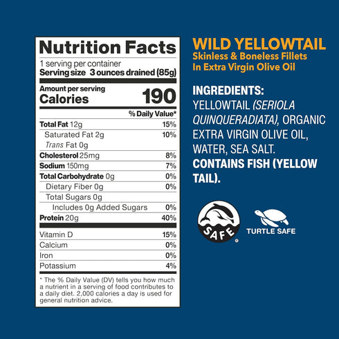 Wild Planet Wild Yellowtail Fillets in Organic Extra Virgin Olive Oil, Skinless & Boneless, 4.4 Ounce