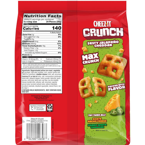 6.5oz (1 Cheez-It Crunch Cheesy Baked Snacks, Lunch Snacks, Zesty Jalapeno Cheddar, Bag Bag)