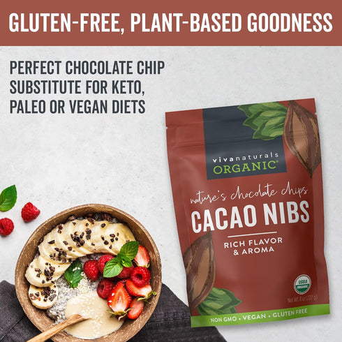Viva Naturals Organic Cacao Nibs, 8 oz - Keto Friendly, Unsweetened Chocolate Chip Substitute