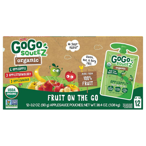 Pack, 3.2 oz (Pack 12), GoGo squeeZ Organic Applesauce and Fruit Puree, Variety Apple, Strawberry & Banana