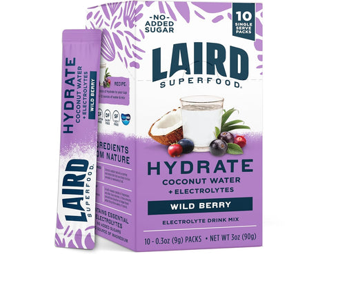 Laird Superfood Hydrate Coconut Water Electrolyte Drink Mix Wild Berry, 10 Single