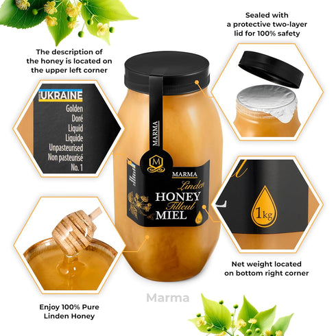 100% 1000g/35.2oz Pack 4 HONIGMA Marma Linden Honey | Authentic Raw Honey from Ukraine | Pure, Unpasteurized & Fully