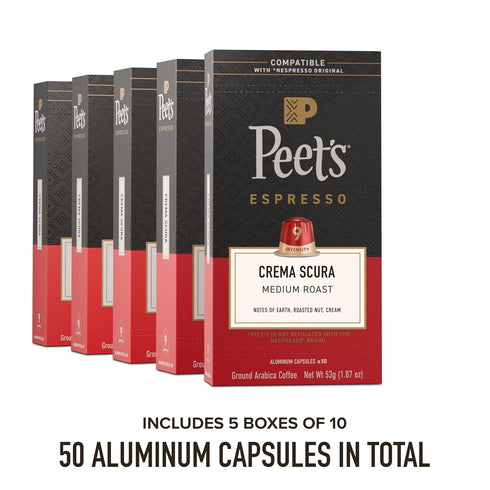 100% 9, 50 Count (5 10 Peet's Coffee, Medium Roast Espresso Capsules, Compatible with Nespresso Original Machine