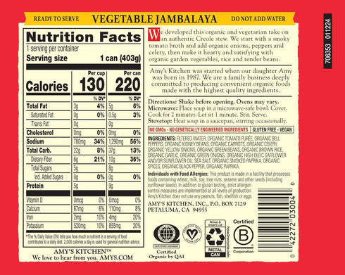 14.2 Oz, Pack 6 Amy's Soup, Organic Vegetable Jambalaya