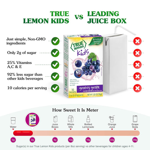TRUE LEMON KIDS Groovy Grape - 10 Packets for Hydration, Low Sugar Water Flavoring, No Preservatives or Artificial