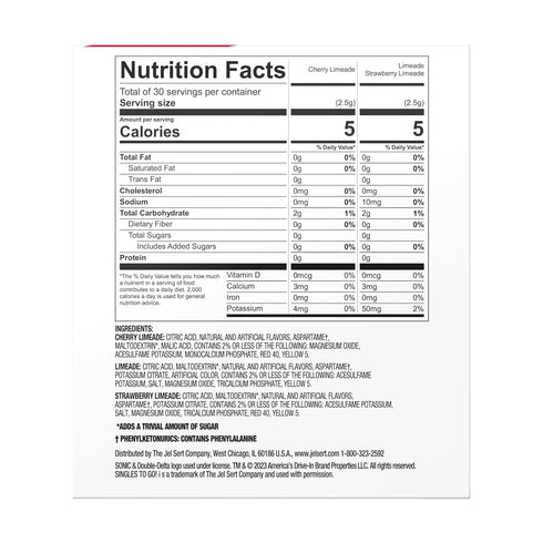 Pack, 3 1 (30 Sonic Singles To Go Limeade Variety Watertok Powdered Drink Mix, Includes Flavors, Limeade, Cherry