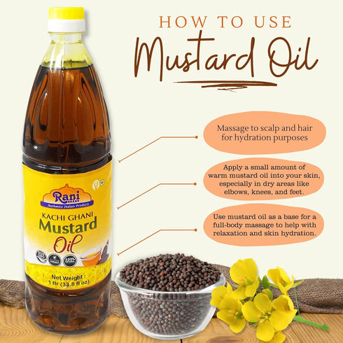 33.8 (1 100% Rani Mustard Oil (Kachi Ghani) Ounce Liter) NON-GMO | Gluten Free | Vegan | Natural | Kosher