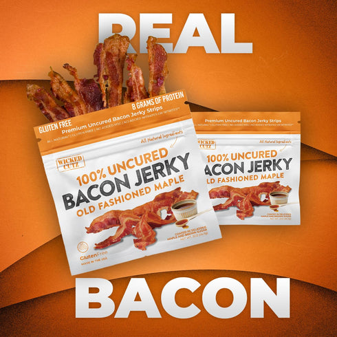 16g (2 Old Fashioned Maple Bacon Jerky, Candied Jerky with Protein Per Bag, Tender & Easy to Chew Fully Cooked Bacon