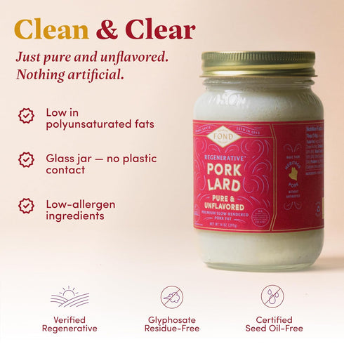 100% 14oz FOND Regenerative Pork Lard for Cooking and Baking Pure & Unflavored Rendered Lard, ShelfStable
