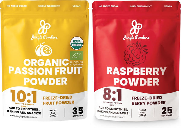 Jungle Powders Organic Passion Fruit Powder 5oz & Raspberry Powder 3.5oz Bundle