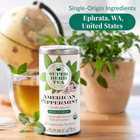 36 The Republic of Tea Organic American Peppermint SuperHerb Tea Tin, Herbal Tea Bags, Naturally Caffeine-Free Herbs