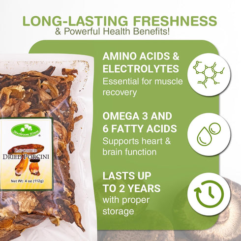 4 oz Mushroom House Dried Porcini Mushrooms, - Wild-Harvested & Sliced for an Earthy Umami Flavor - Perfect for Pasta