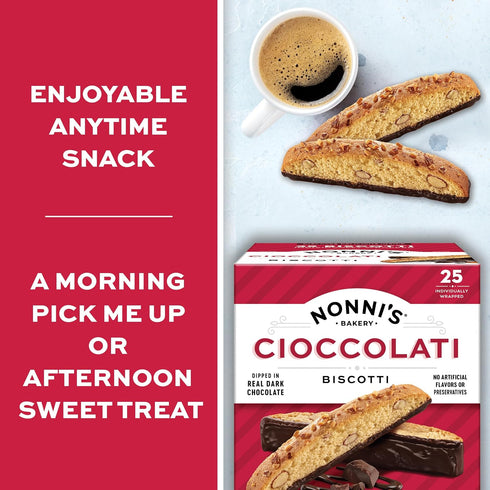 21.5 oz Nonni's Cioccolati Dark Chocolate Almond Biscotti Cookies Individually Wrapped Italian Coffee Snack, Crunchy
