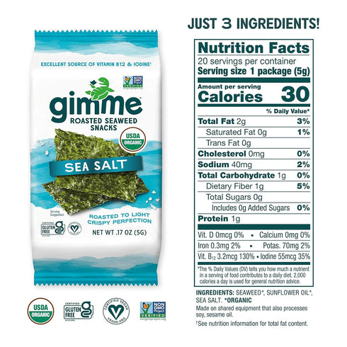 Gimme 20 Count, Omega3s Seaweed Organic Premium Roasted Seaweed Snacks, Sea Salt, Keto, Vegan, Gluten-Free, Great