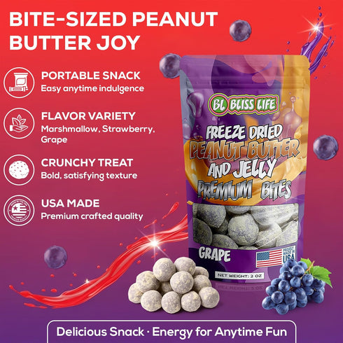 3 Count Bundle Of Bliss Life Premium PB&J Bites - Strawberry, Grape, and Marshmallow Peanut Butter Bundle