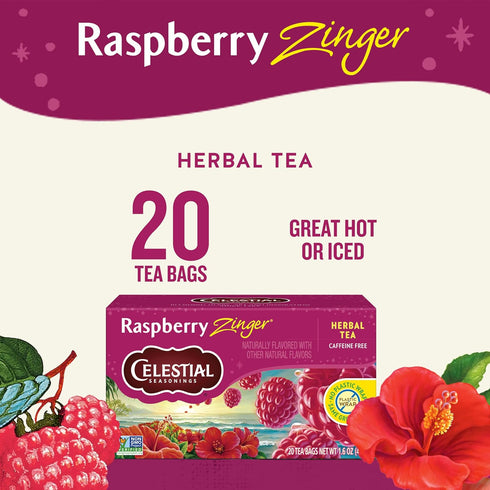 20 Celestial Seasonings Raspberry Zinger Herbal Tea, Caffeine Free, Tea Bags Box