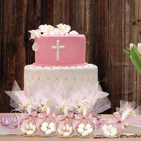 24 Set Communion Geelin Baptism Almond Candy Favors Christening Tulle Bags Rings Ribbion DIY Candy Bags First Favors