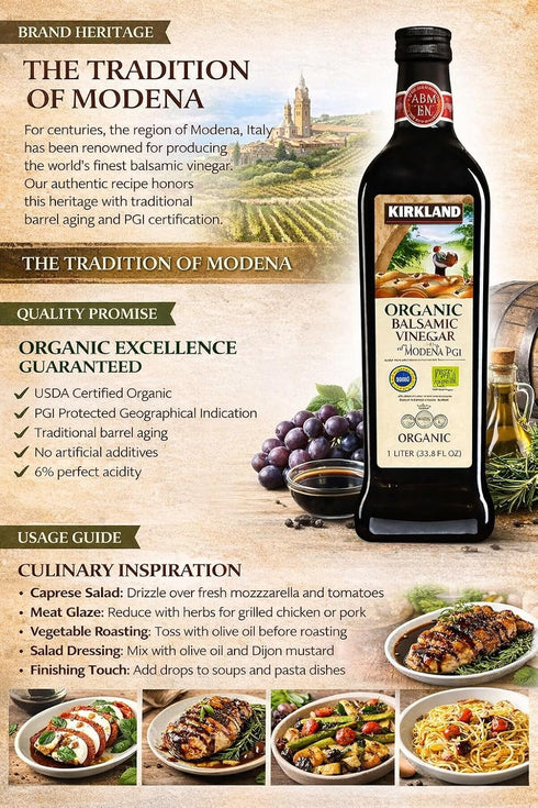 kirkland 1 (33.8 oz) 67 Organic Balsamic Vinegar of Modena - Liter - PGI Certified Italian - Premium Aged - Servings