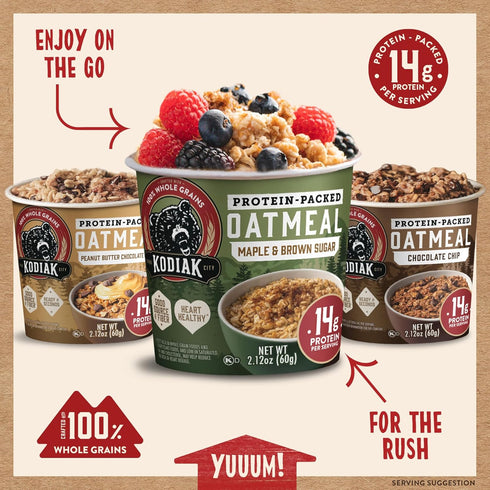 Pack: Kodiak Cakes Instant Oatmeal Cup Variety Peanut Butter Chocolate Chip, Maple & Brown Sugar, & Chocolate Chip