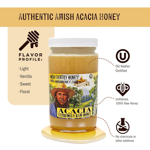 Country Wellbeing 16oz Goshen Amish Extremely Raw Acacia Honey - Unfiltered, Unprocessed, Pure & Natural - Harvested