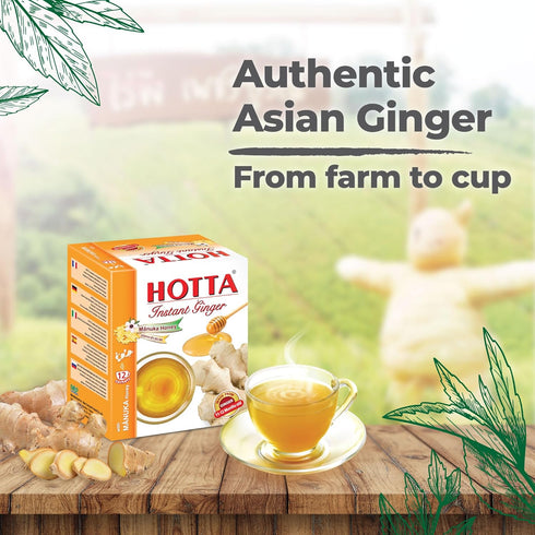 B1, B2 B6, 12 HOTTA Instant Ginger Drink with Manuka Honey, Naturally Sweet, Caffeine-Free Herbal Tea, High in Vitamin