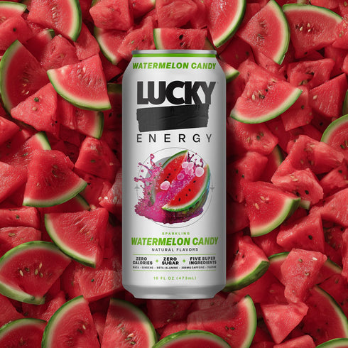 16oz (12-Pack) 200mg Lucky Energy Sugar Free Energy Drinks, Watermelon Candy, Cans Healthy, Zero Sugar Energy Drink