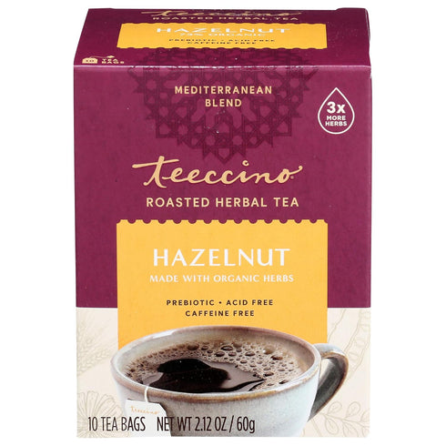 Teeccino Hazelnut Roasted Herbal Tea - Caffeine Free, Prebiotic, 3x More Herbs, 10 Tea Bags